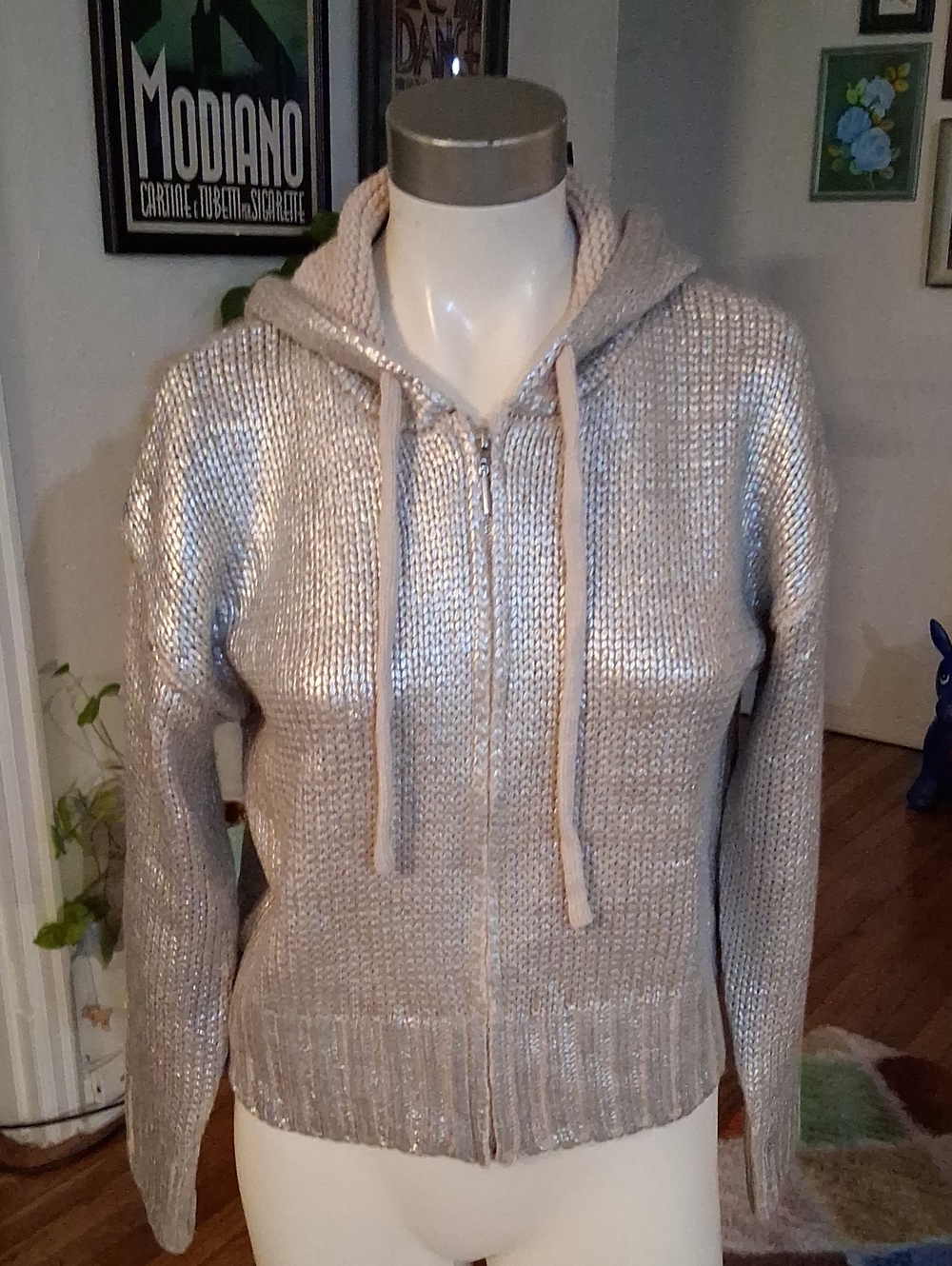 Rachel Zoe Metallic Silver Zip-Up Hoodie Sweater, NWOTs! Small